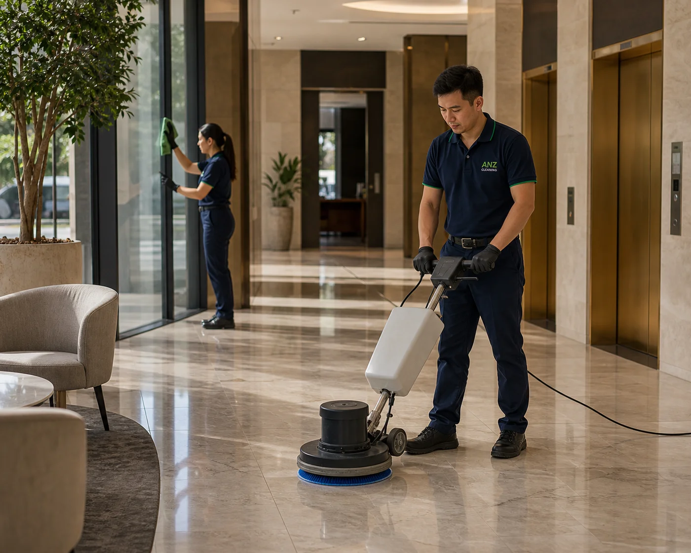 Commercial cleaning team polishing lobby floor — ANZ Sydney