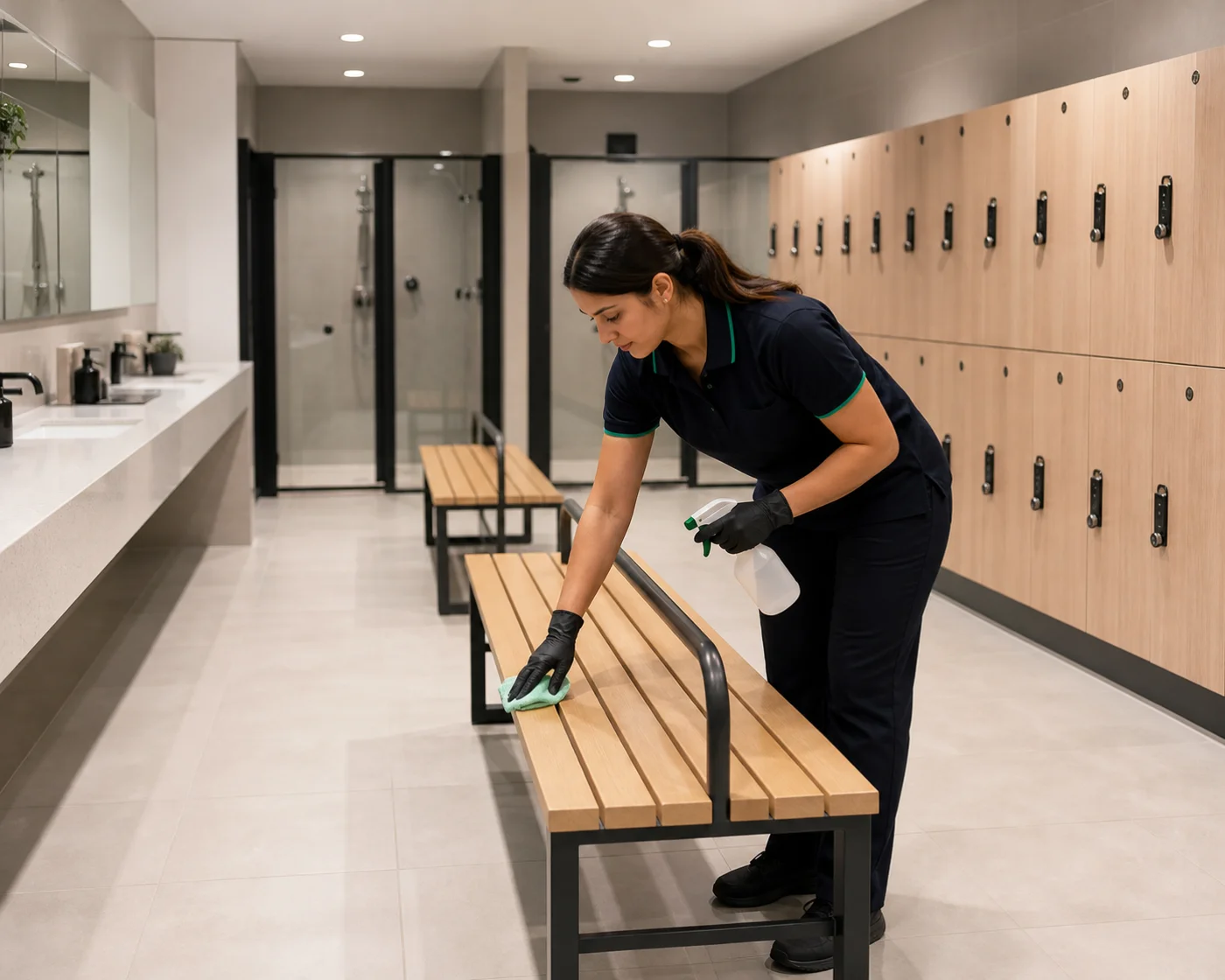 Gym changeroom and locker cleaning — showers and benches disinfected