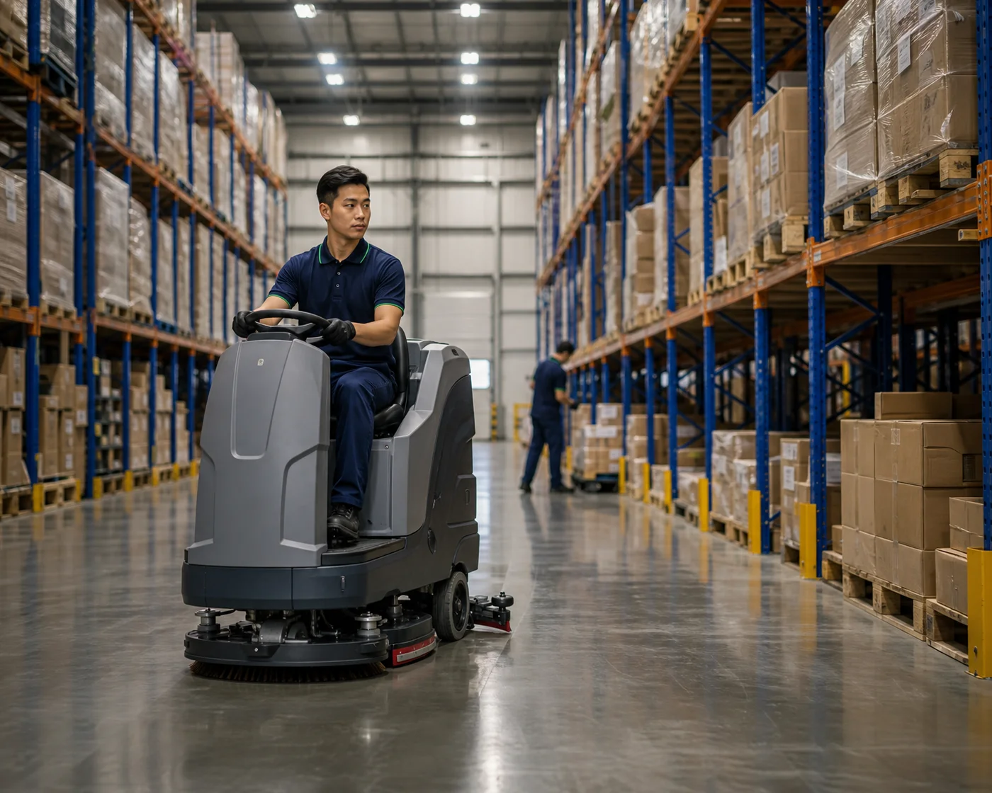 Industrial warehouse floor scrubber cleaning aisle — ANZ Cleaning Services Sydney
